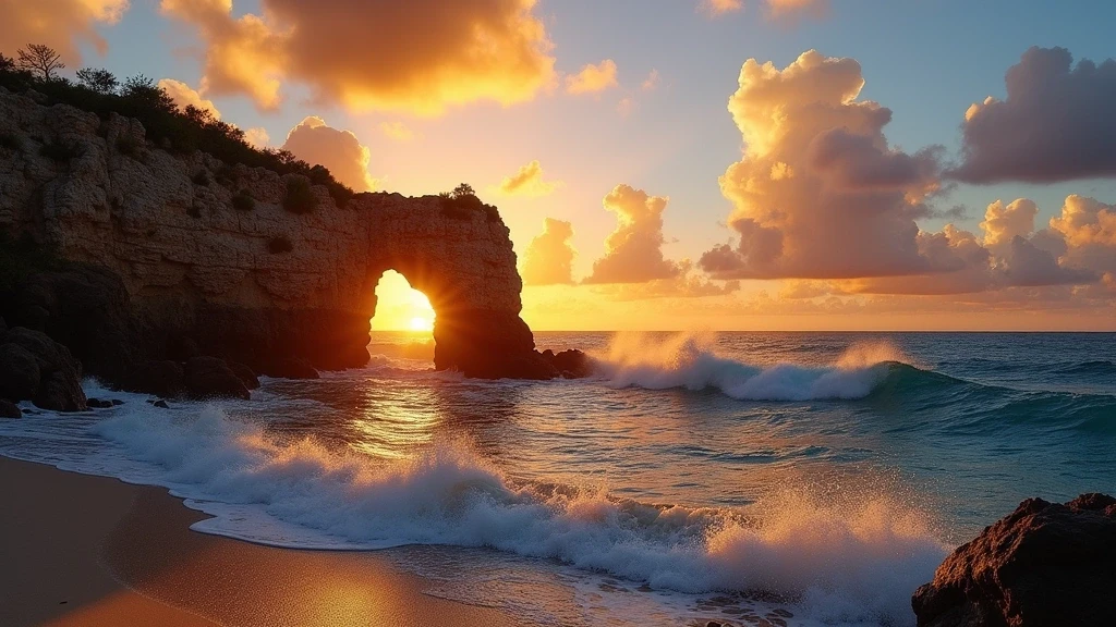 Sonnenuntergang ueber den Natural Bridge Ruinen an der Boca Andicuri Kueste in Aruba
