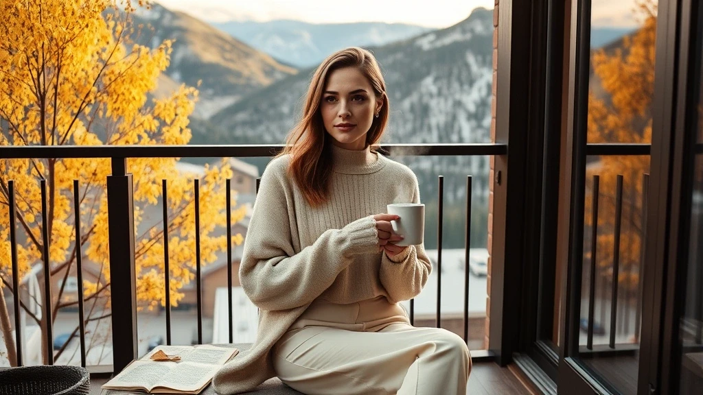 Elegante Frau geniesst Kaffee auf Balkon mit Bergblick in Aspen