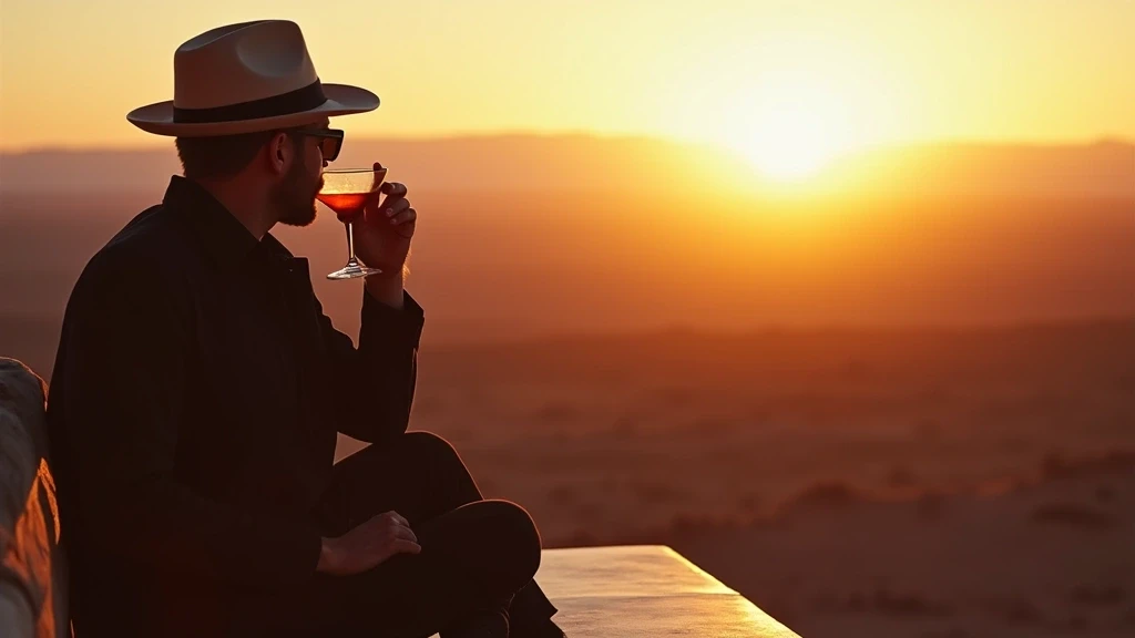 Reisender geniesst Pisco Sour bei Sonnenuntergang in der Atacama-Wueste