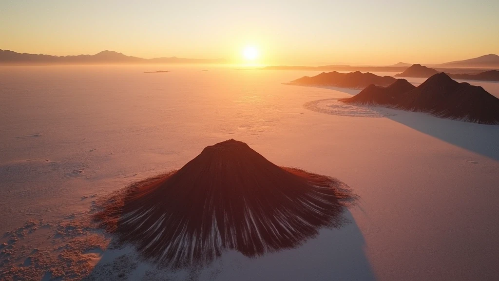 Luftaufnahme der Salzwueste und vulkanischen Landschaft in der Atacama-Wueste zur goldenen Stunde