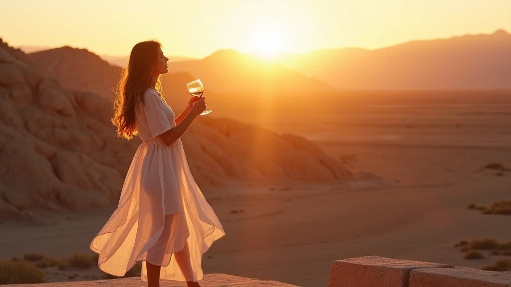 Elegante Frau bei Weinprobe mit Blick auf die Atacama-Wüste in Chile