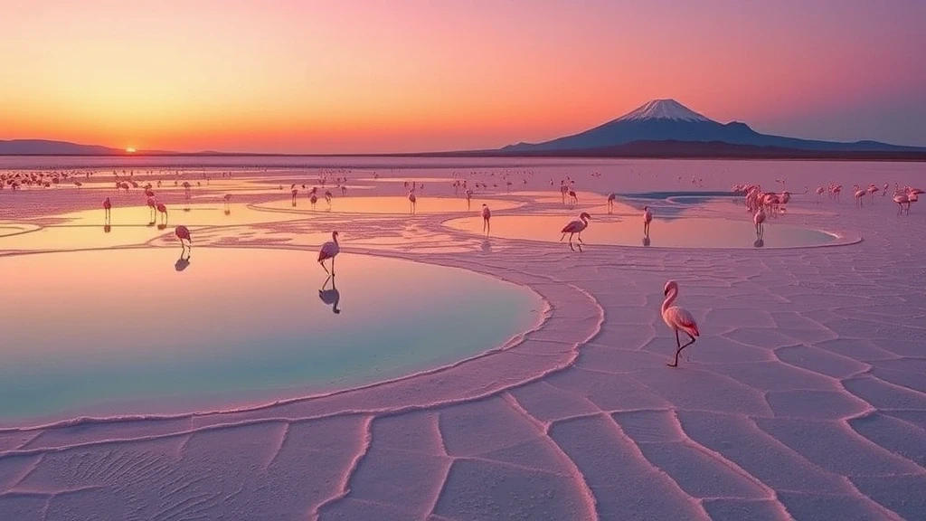 Goldene Stunde am Salar de Atacama mit Flamingos und Vulkanreflexionen in Chile