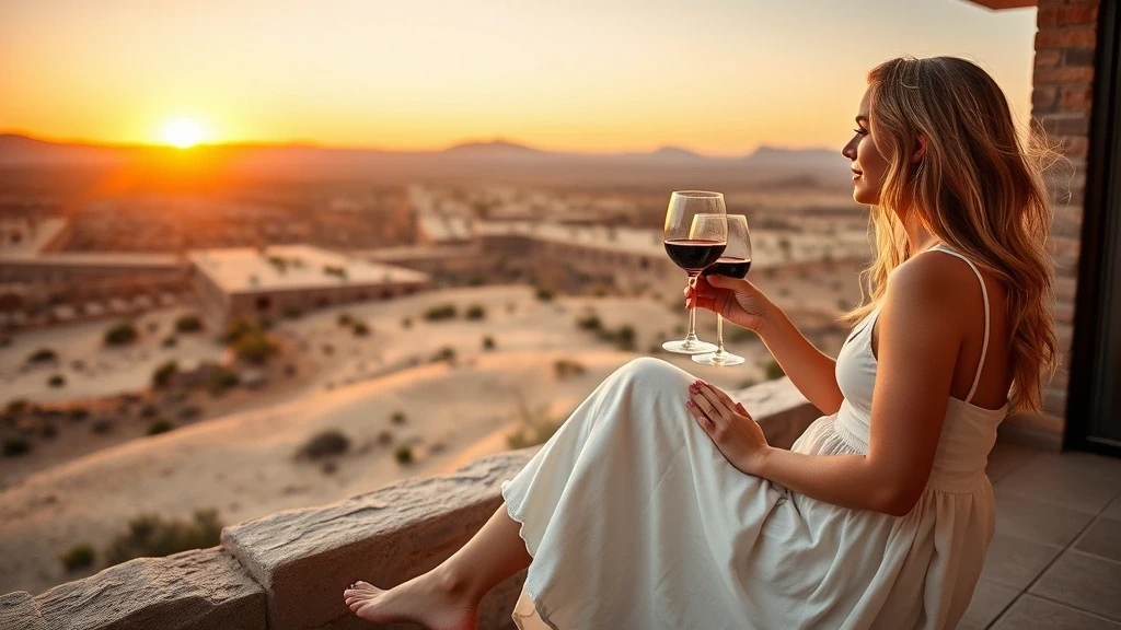 Elegante Frau bei Weinprobe auf Terrasse mit Blick auf Atacama-Wüste zur goldenen Stunde