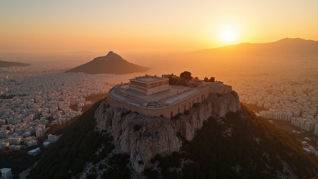 Luftaufnahme der Akropolis in Athen zur goldenen Stunde mit Parthenon und Stadtpanorama