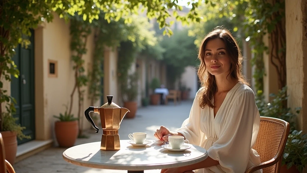 Elegante Frau trinkt griechischen Kaffee im versteckten Plaka-Innenhof in Athen