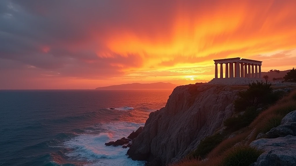 Sonnenuntergang am Poseidon-Tempel in Kap Sounion bei Athen mit dramatischem Himmel