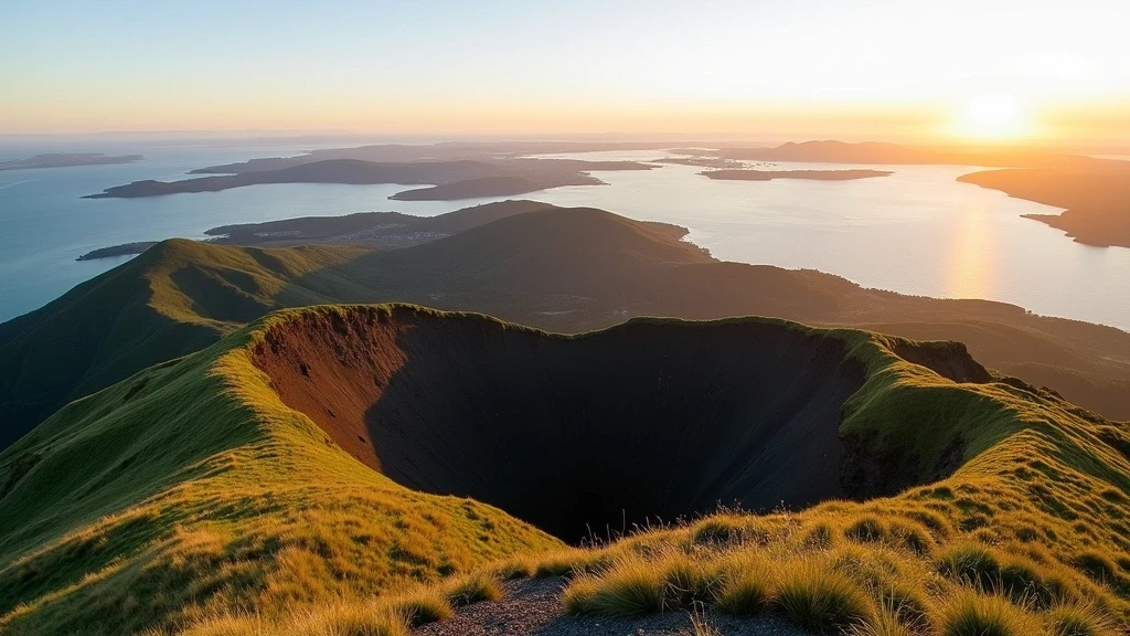 Panoramablick vom Mount Eden auf den Hauraki Golf in Auckland, Neuseeland