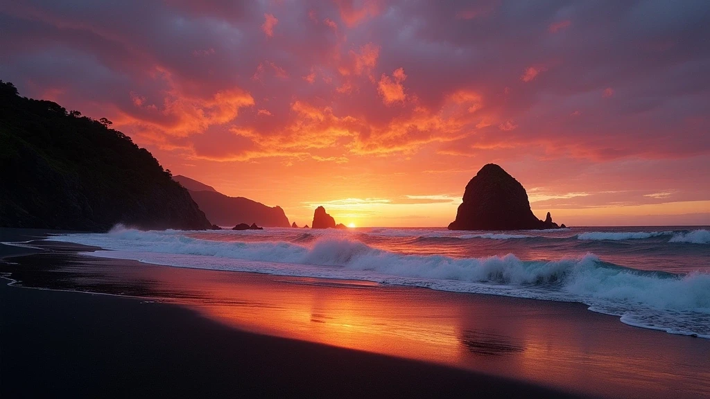 Sonnenuntergang am schwarzen Sandstrand von Piha mit Lion Rock in Auckland, Neuseeland