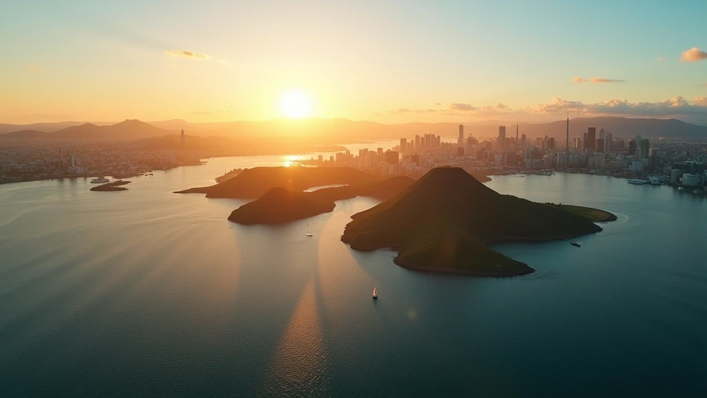 Luftaufnahme des Waitematā Hafens mit Vulkanen und Skyline von Auckland zur goldenen Stunde