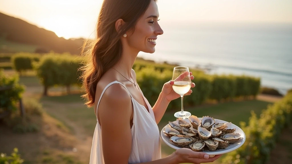 Elegante Frau genießt Austern und Wein in einem Weingutrestaurant in Auckland, Neuseeland