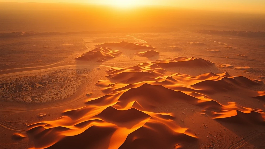 Luftaufnahme der roten Sandduenen der Namib-Wueste in Aus, Namibia zur goldenen Stunde