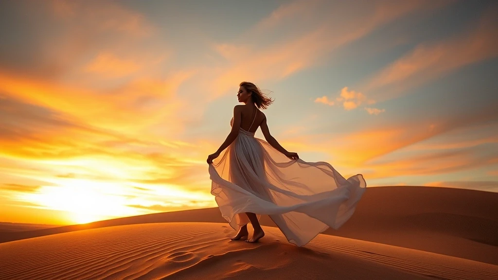 Elegante Frau in fliessendem Kleid auf Sandduene in Aus, Namibia bei Sonnenuntergang