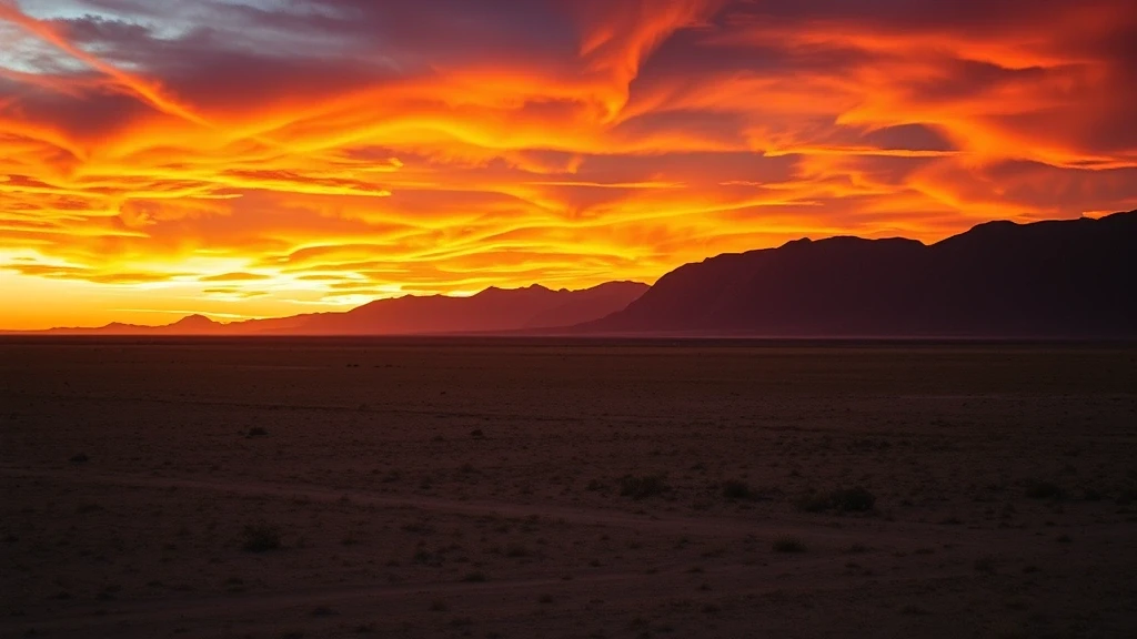 Sonnenuntergang ueber den weiten Ebenen von Aus, Namibia mit dramatischem Himmel