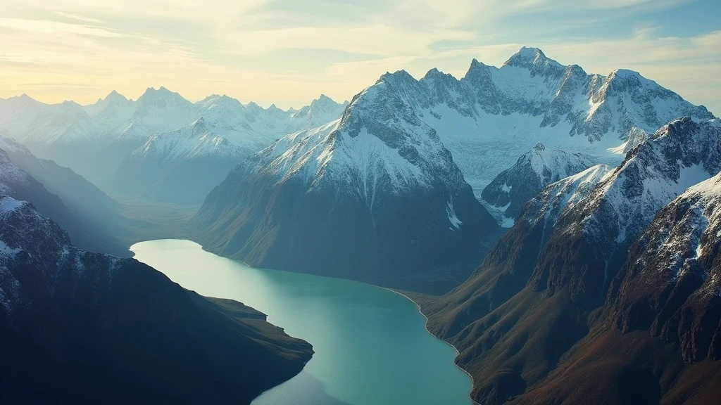 Dramatische Luftaufnahme der schneebedeckten Alpengipfel in Australien zur goldenen Stunde