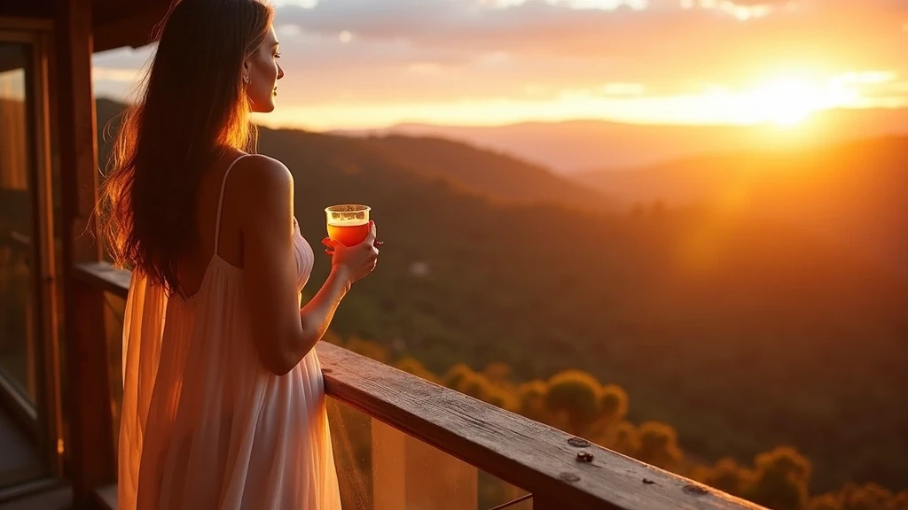 Elegante Frau geniesst Sonnenuntergang von Alpenlodge-Terrasse in Australien