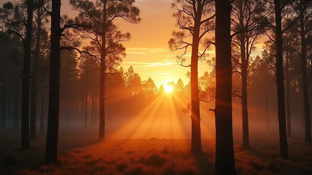 Sonnenuntergang im uralten Pinienwald von Australien mit magischem Licht