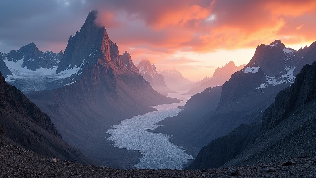 Panoramablick auf den Akshayuk Pass mit Granitgipfeln und Gletscherfluessen bei Sonnenuntergang