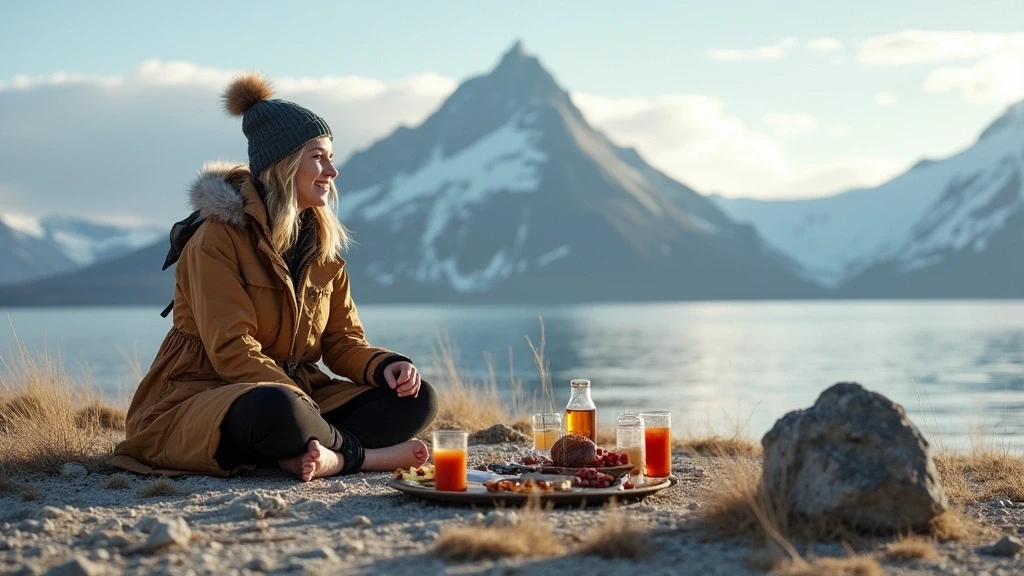 Elegante Reisende geniesst Gourmet-Picknick vor der Kulisse des Mount Asgard
