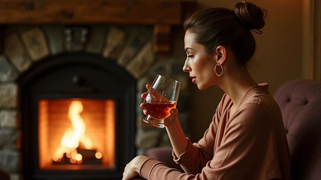 Elegante Frau geniesst Whisky am Kamin in einer Lodge in Aviemore, Schottland
