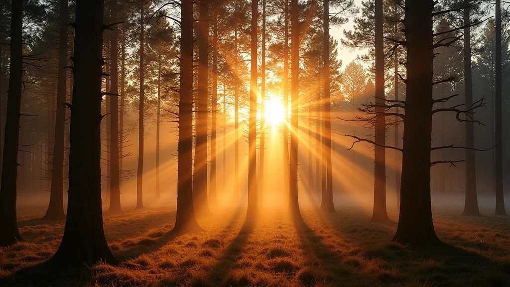 Sonnenaufgang im Rothiemurchus-Wald in Aviemore, Schottland mit Nebel und Lichtstrahlen