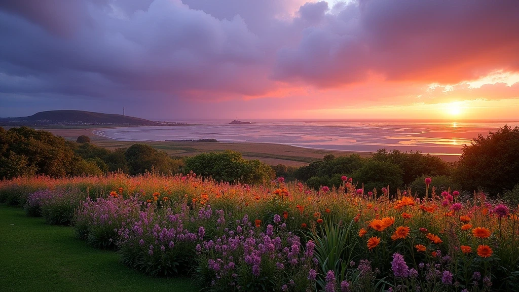 Panoramablick ueber die Bucht von Mont Saint-Michel vom Jardin des Plantes in Avranches bei Sonnenuntergang