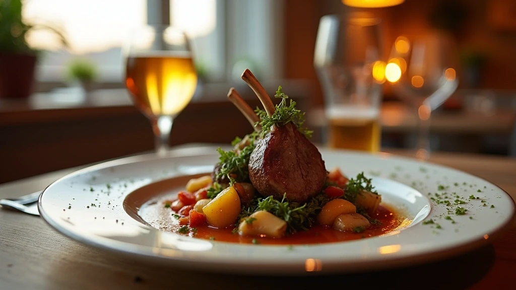Detailaufnahme von Salzwiesenlamm mit Gemuese und normannischem Cider in einem Restaurant in Avranches