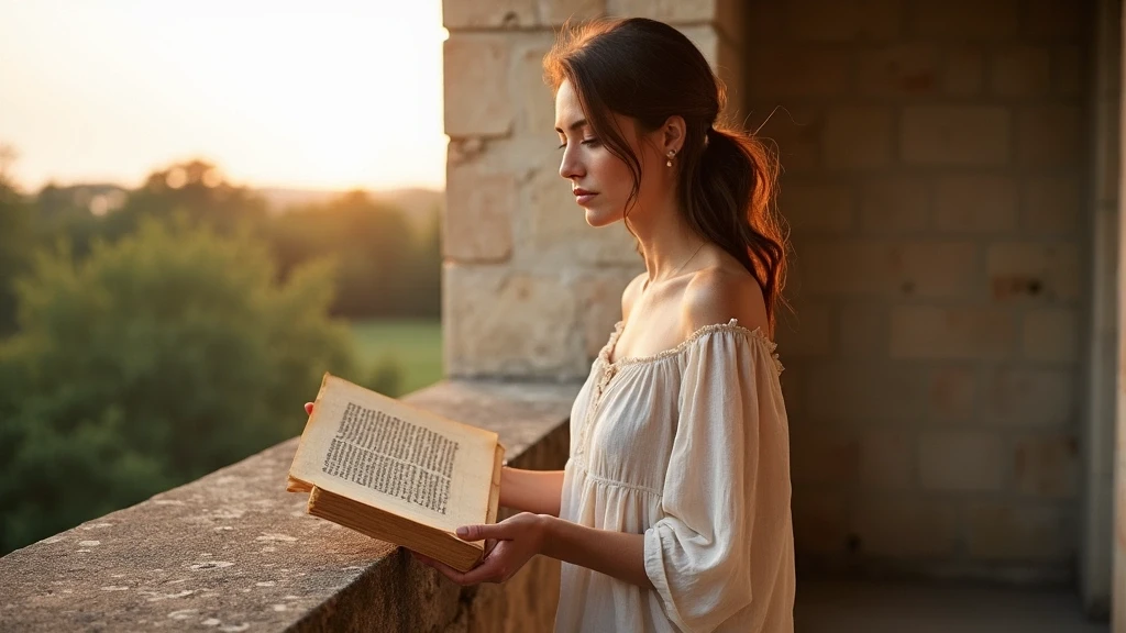 Elegante Frau mit mittelalterlicher Handschrift auf der Terrasse des Scriptorial d'Avranches bei goldener Stunde