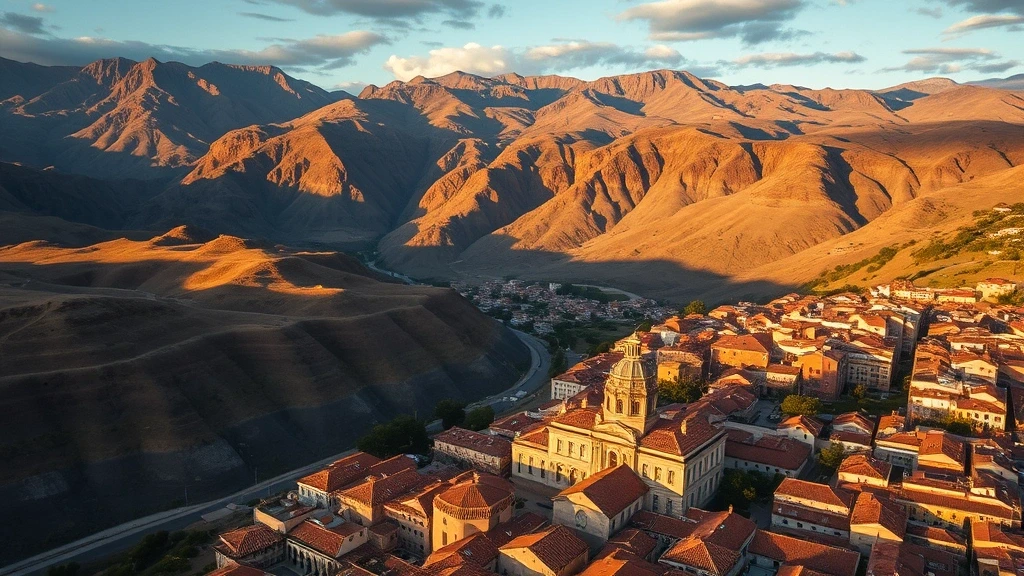 Dramatische Luftaufnahme der Anden und kolonialen Architektur in Ayacucho zur goldenen Stunde
