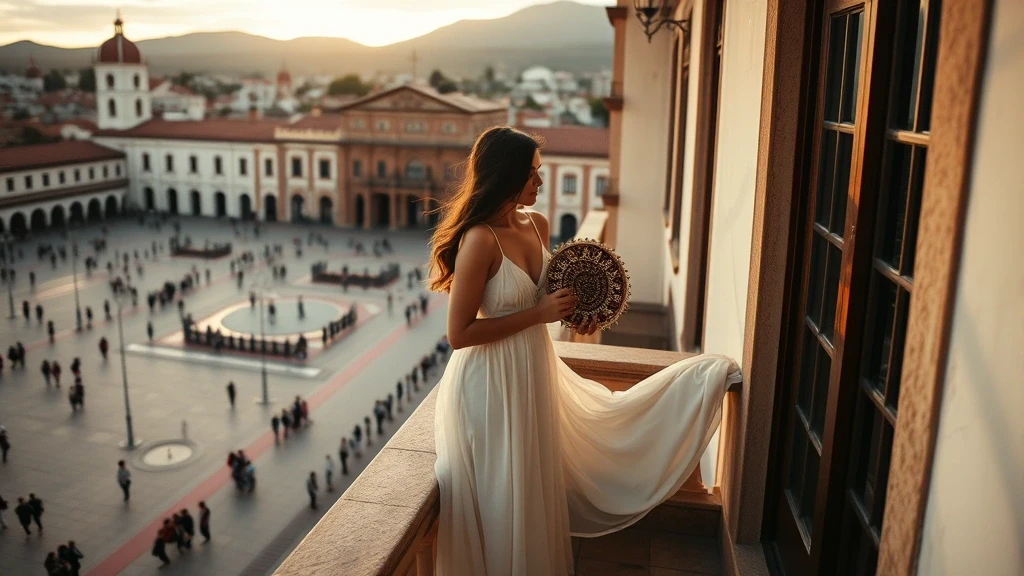Elegante Frau auf einem kolonialen Balkon in Ayacucho mit traditionellem Retablo