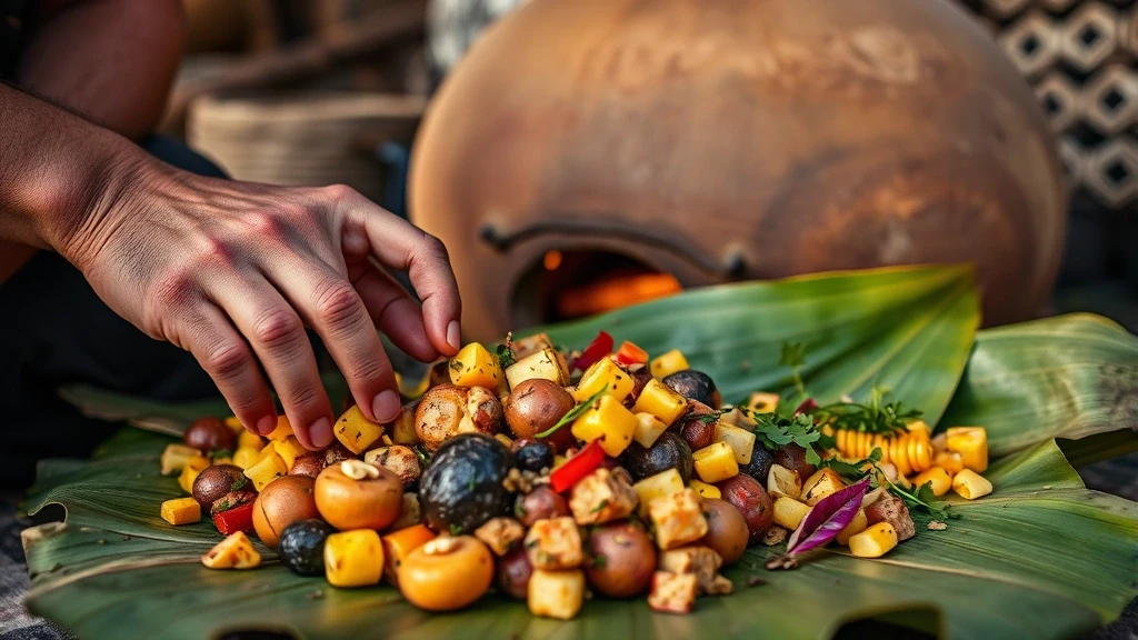 Traditionelle Pachamanca-Zubereitung in Ayacucho mit bunten Kartoffeln und Mais