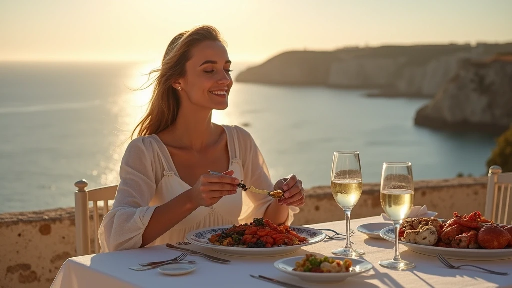 Elegante Frau geniesst frische Meeresfruechte auf einer Klippenterrasse auf den Azoren