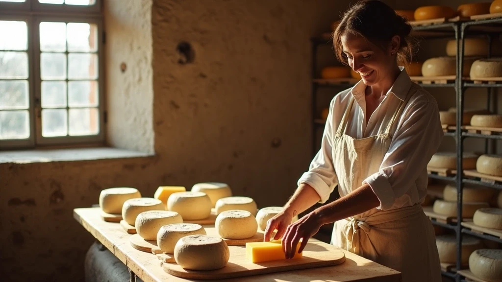 Lokale Fuehrerin demonstriert traditionelle Kaeseherstellung auf Sao Jorge, Azoren