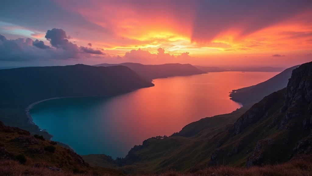 Sonnenuntergang ueber den Zwillingsseen Sete Cidades auf den Azoren vom Vista do Rei Aussichtspunkt