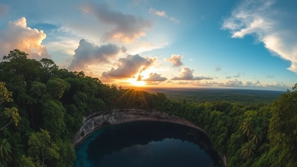 Panorama des Cenote Azul in Bacalar mit tiefblauem Wasser und gruenem Dschungel bei Sonnenuntergang