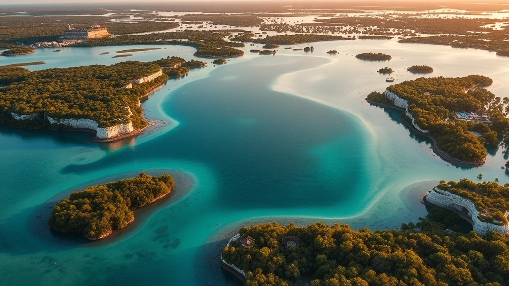 Luftaufnahme der Laguna de los Siete Colores in Bacalar mit sieben tuerkisfarbenen Blautoenen zur goldenen Stunde