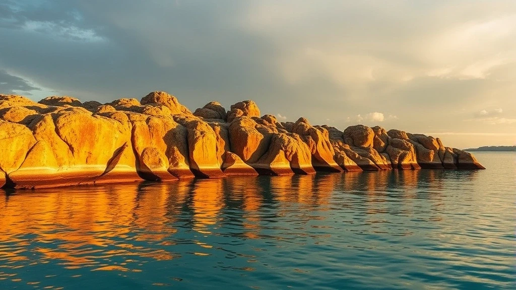 Goldene Stunde auf den Stromatoliten in Bacalar, lebende Gesteinsformationen am Lagunenrand