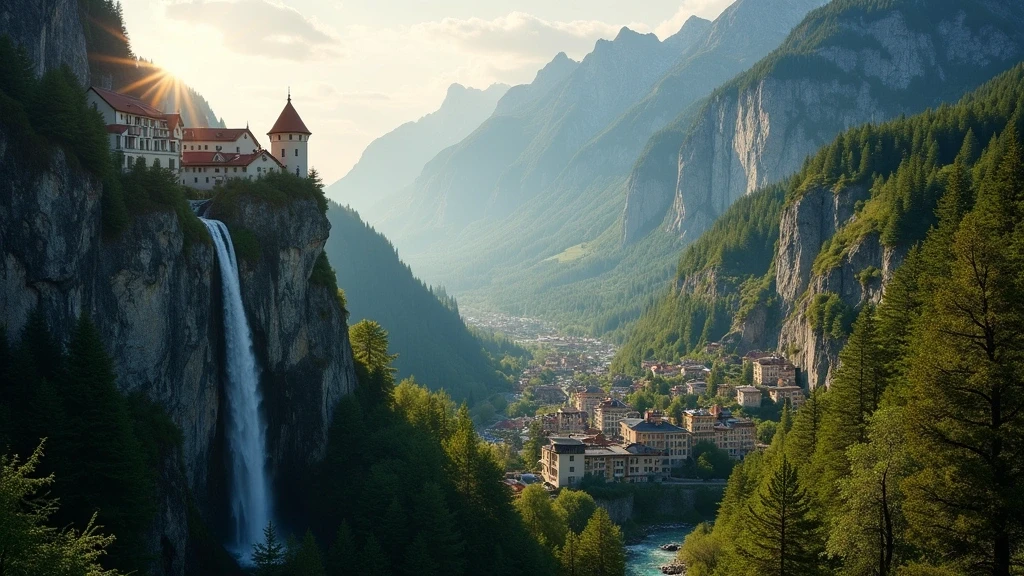 Luftaufnahme von Bad Gastein im Hohe Tauern Nationalpark zur goldenen Stunde mit Belle-Epoque-Architektur