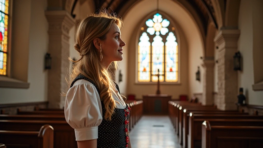 Lokale Führerin in Dirndl zeigt evangelische Kirche in Bad Gastein mit Buntglasfenstern