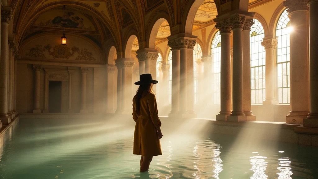 Reisende bewundert historische Fresken im Friedrichsbad Roemisch-Irisches Bad in Baden-Baden
