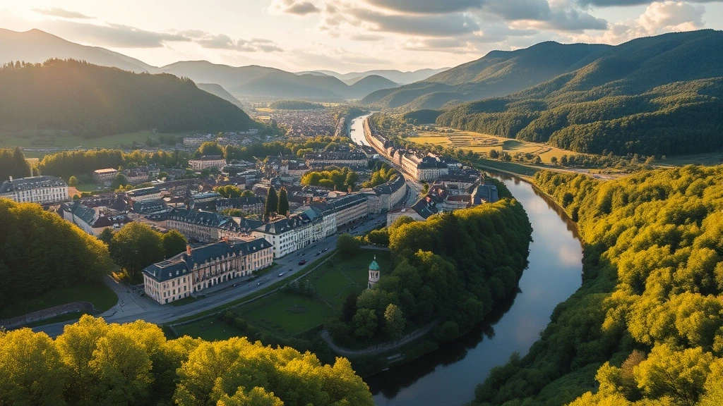 Luftaufnahme von Baden-Baden im Schwarzwald zur goldenen Stunde mit Fluss und historischer Architektur
