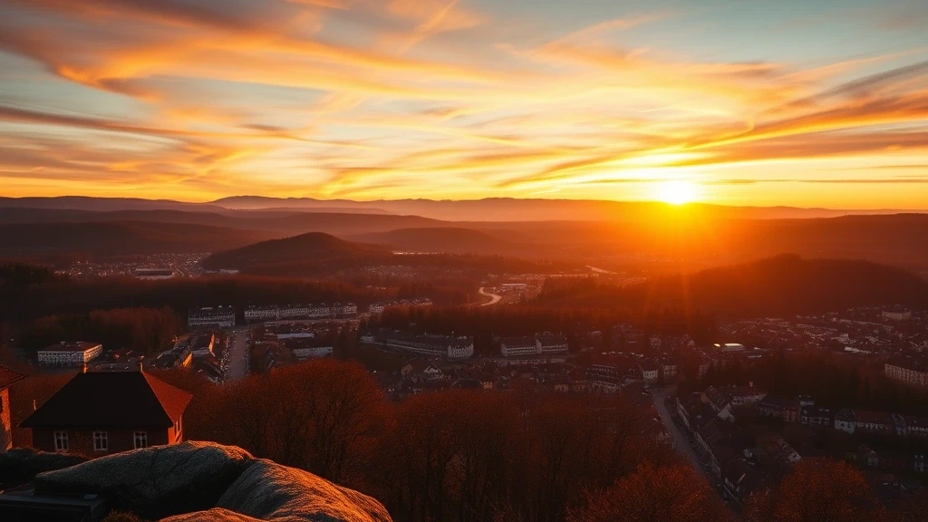 Panoramablick von Merkur Berg auf Baden-Baden bei Sonnenuntergang mit Schwarzwald-Silhouetten