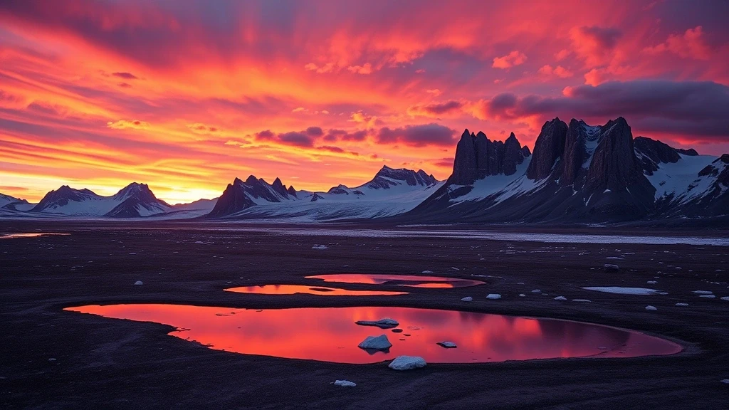 Sonnenuntergang ueber dem Auyuittuq Nationalpark auf Baffin Island mit Granitgipfeln