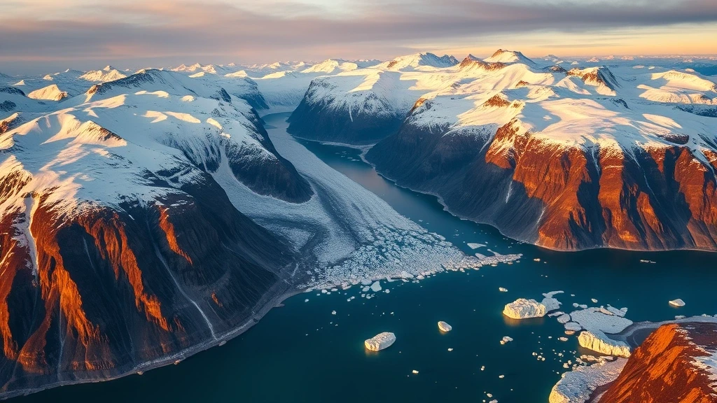 Dramatische Luftaufnahme der arktischen Fjorde und Gletscher auf Baffin Island zur goldenen Stunde