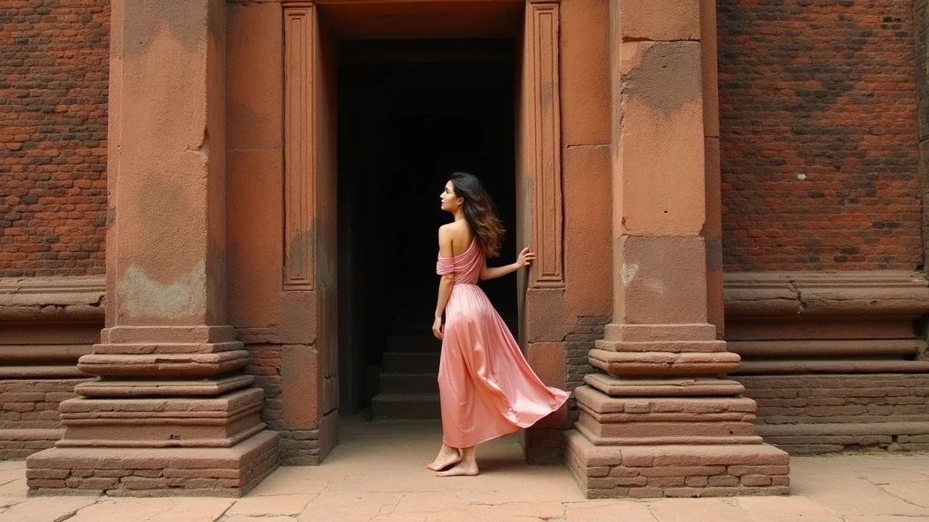 Elegante Reisende vor dem Ananda-Tempel in Bagan, Myanmar, editoriale Aesthetik