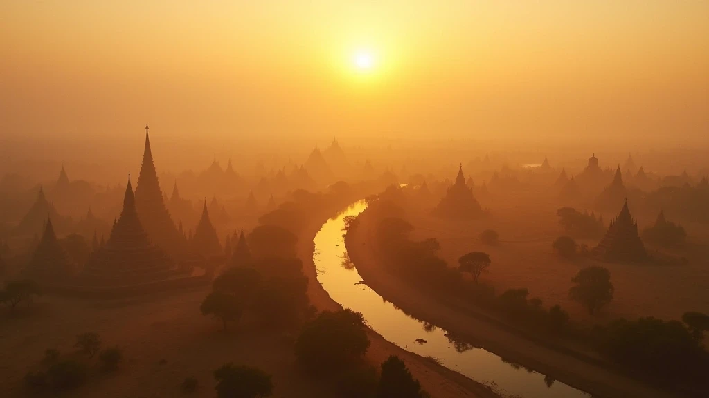 Luftaufnahme der antiken Pagoden von Bagan, Myanmar zur goldenen Stunde