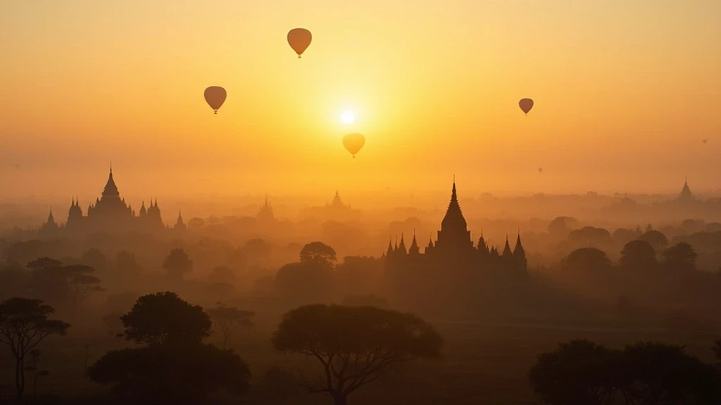 Panoramablick auf Bagan, Myanmar bei Sonnenaufgang mit Heissluftballons
