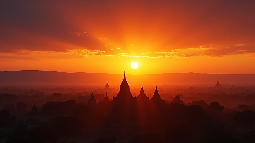 Sonnenuntergang ueber den Tempeln von Bagan, Myanmar mit dramatischem Himmel