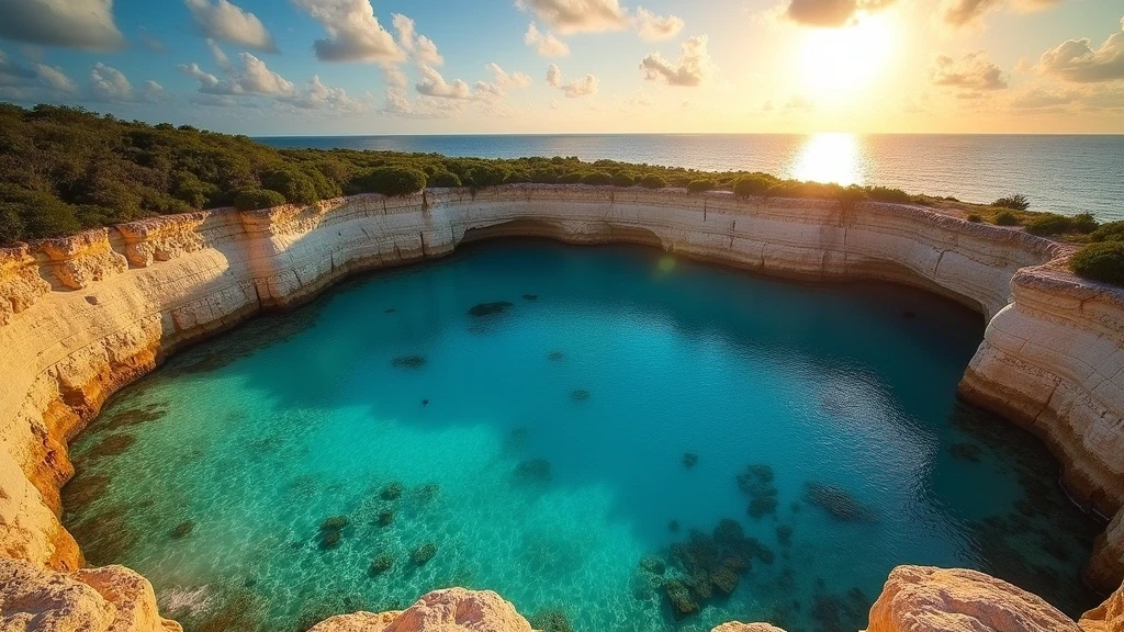Panoramablick auf Dean's Blue Hole auf Long Island, Bahamas, zur goldenen Stunde