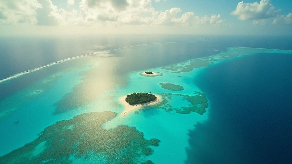 Luftaufnahme der Exuma Cays auf den Bahamas zur goldenen Stunde mit tuerkisfarbenem Wasser