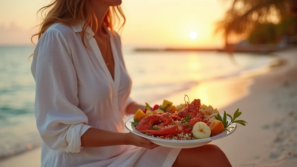 Elegante Frau geniesst Gourmet-Meeresfruechte-Platte am privaten Strand auf den Bahamas bei Sonnenuntergang